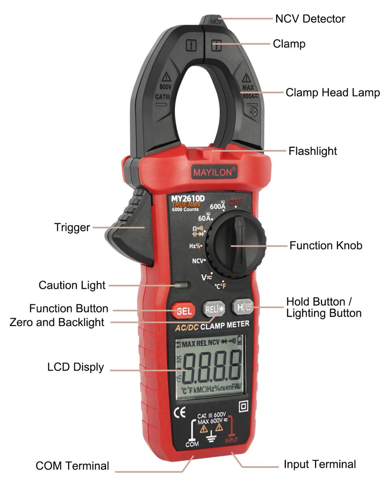 [Australia - AusPower] - Digital Clamp Meter, Multimeter TRMS 6000 Counts Amp Volt Meter Auto-ranging Measures AC/DC Voltage, AC/DC Current Capacitance NCV Frequency Live Wire Resistance Diode Temperature Continuity MY2610D 