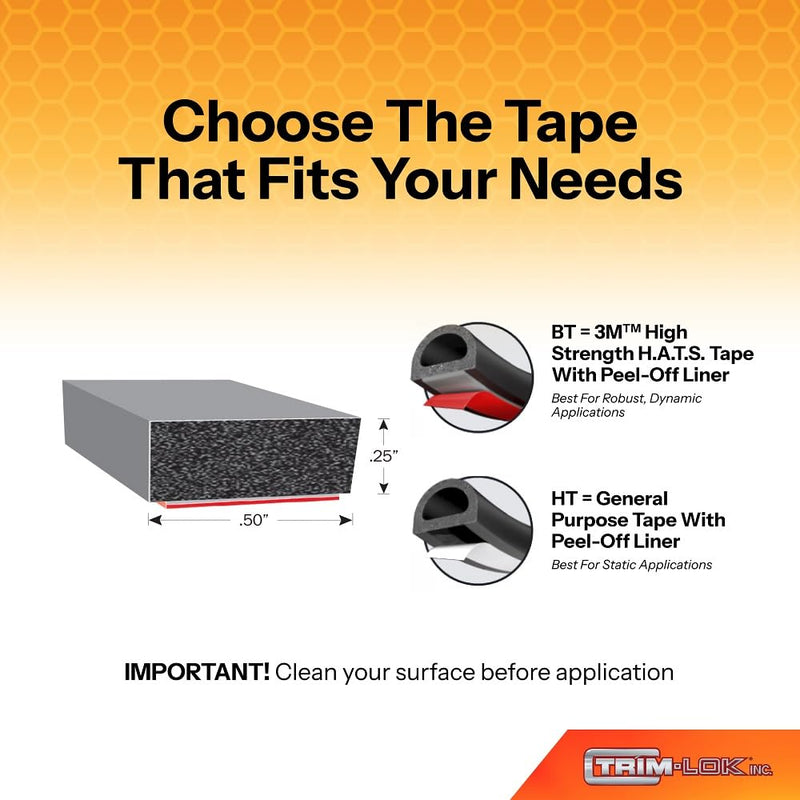 TRIM-LOK Rectangle Rubber Seal with 3M Bonded Tape, 0.25-Inch Height, 0.5-Inch Width, 25-Foot Length, EPDM Foam Weather Stripping for Door Frame, Window Insulation, Vehicles, and Boats AX272BT-25