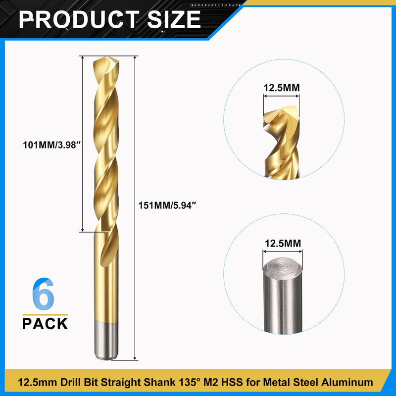 PATIKIL 12.5mm Drill Bit, Jobber Straight Shank M2 High-Speed Steel 135° Titanium Nitride TiN Coated for Stainless Steel Hard Metal - 6 Pack