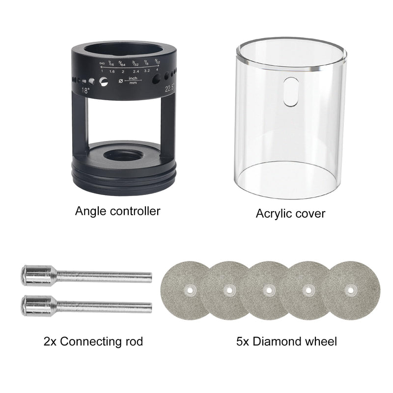 3mirrors Healthy Version ALUMINUM Tungsten Electrode Sharpener Grinder Head,TIG Welding Rotary Tool 24 Holes, 6 size 4 Angles, Dust Housing, 2 CNC Mandrel，5pc Diamond Wheels For Most Rotary tool