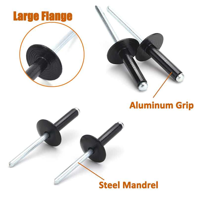 [Australia - AusPower] - ISPINNER 100pcs 3/16" x 3/4" Large Flange Aluminum Blind Rivets, Pop Rivets Grip Grange 14-16mm (Black) 3/16" x 3/4" Black 