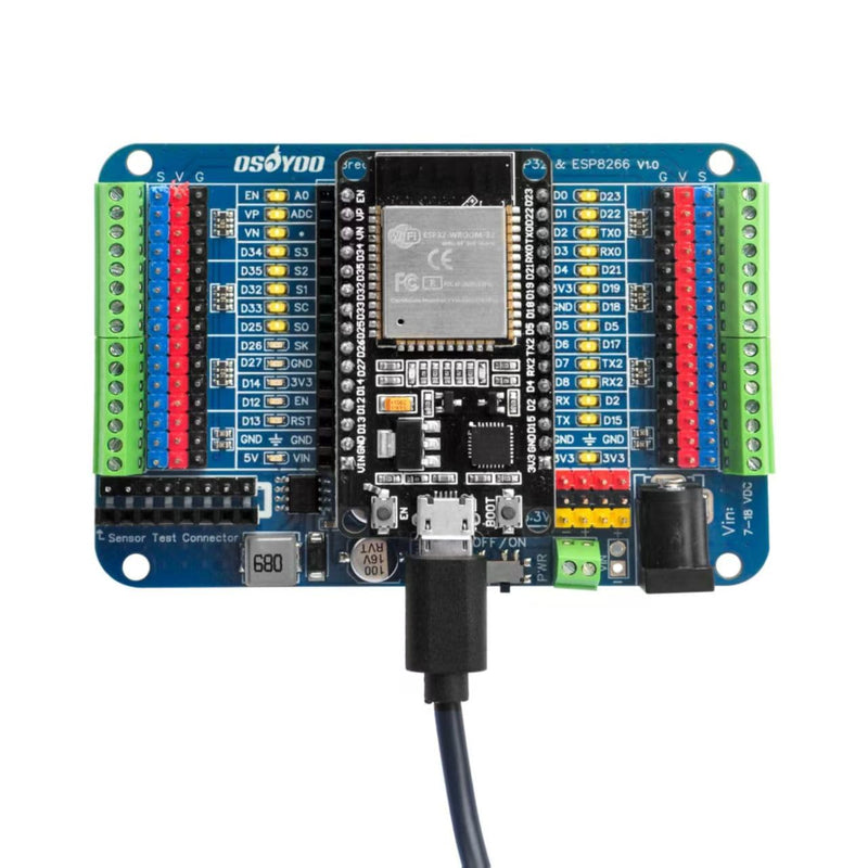 OSOYOO 30P ESP32 & ESP8266 Shiled Breakout Board Terminal Block Shield HAT with Pin Header, 5V 3.3V Power Outputs, GPIO Status LED 30P ESP32&ESP8266 Shiled Breakout Board