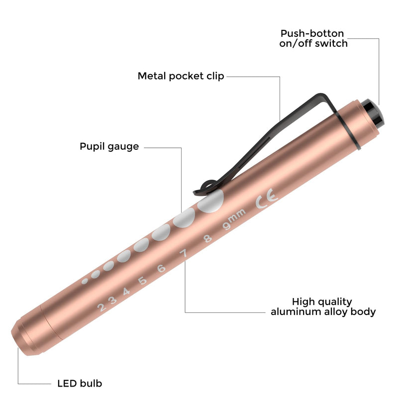 RISEMART Diagnostic Light, Pupil Light, 2 Pieces, Reusable LED Pen Lamp with Pocket Clip for Nurses, Doctors, Students, Pen Light, Gold and White
