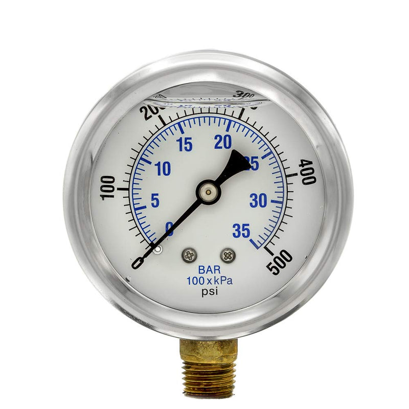 [Australia - AusPower] - PIC Gauges PRO-201L-254J 0-500 PSI Pressure Gauge, 2 1/2" Dial, 1/4" Male NPT Connection, Bottom Mount, Dual Scale, Glycerin Filled, Stainless Steel Case/Bezel, Brass Internals & Plastic Lens 2.5" 