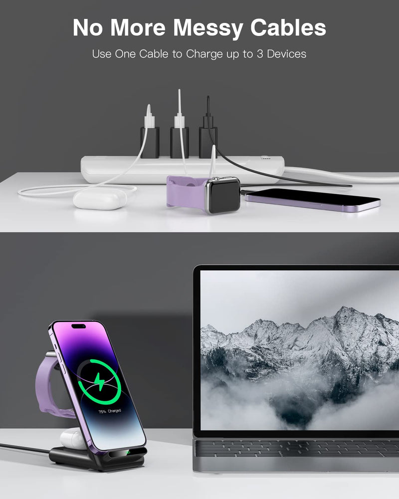 [Australia - AusPower] - Wireless Charging Station,3 in 1 Wireless Charging Stand Made for Apple Watch Ultra 9 8 7 6 SE 5 4 3,Fast Wireless Charger Made for iPhone 15/Plus/Pro Max/14/13/12/11/X,for AirPods Pro(with Adapter) Black 