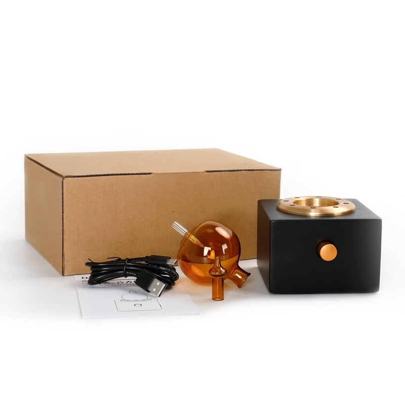 Cordless Aroma Oil Nebulizer - Waterless Diffuser for Essential Oil with Glass & Wood, Rechargeable Portable Nebulizing Machine, Battery Operated up to 40h - Gold & Fire Original Design No Scents Included