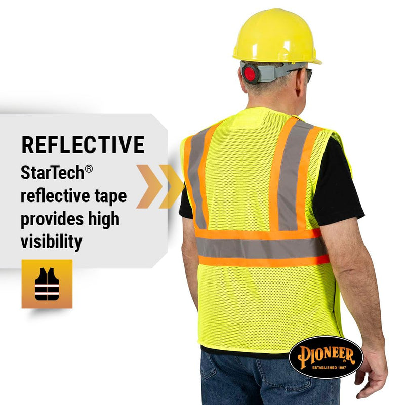 Pioneer Hi Vis Flame Resistant Vest For Men and Women - Self-Extinguishing FR Mesh - Reflective Tape - Class 2 - Hi Vis Yellow Yellow/Green Large-X-Large