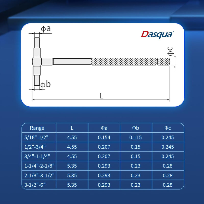 [Australia - AusPower] - Dasqua 5911-0002 8-100Mm / 5/16-6" Telescoping Gage Set 6 Pc. Set - Satin Chrome Standard up to 5.35" 