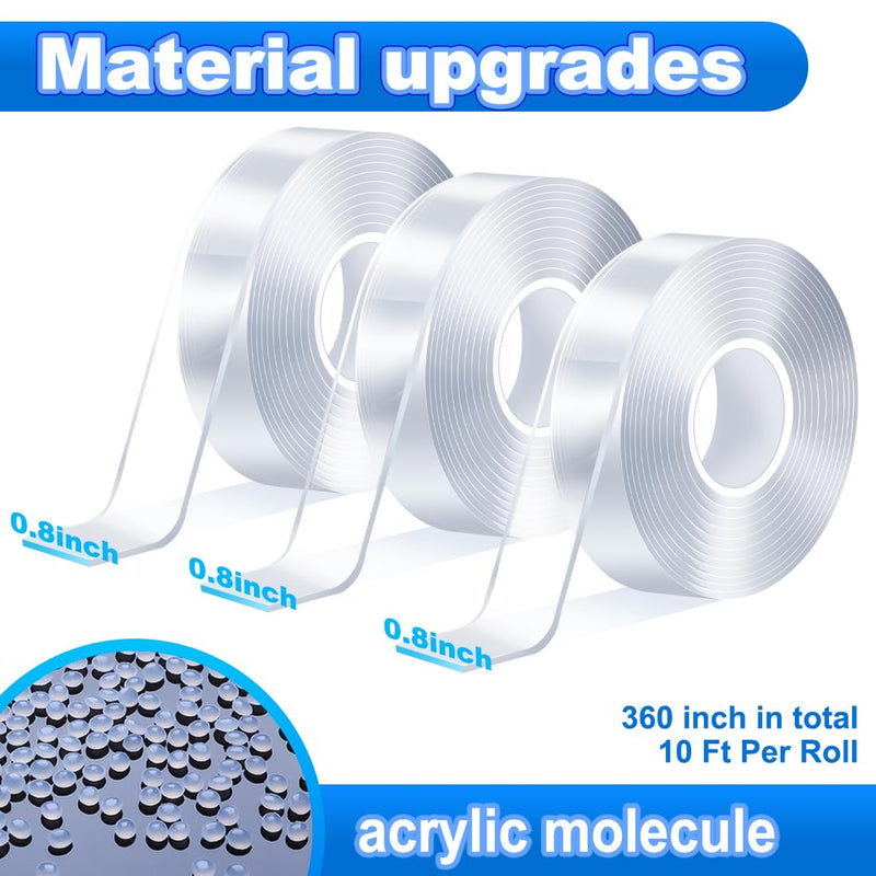 Clear Heavy Duty Double Sided Tape for Walls(Total 30FT),3 Rolls Strong Mounting Tape,Removable Two Sided Nano Tape for Picture Hanging Multifunctional DIY Adhesive Tape (0.8inch) 0.8inch