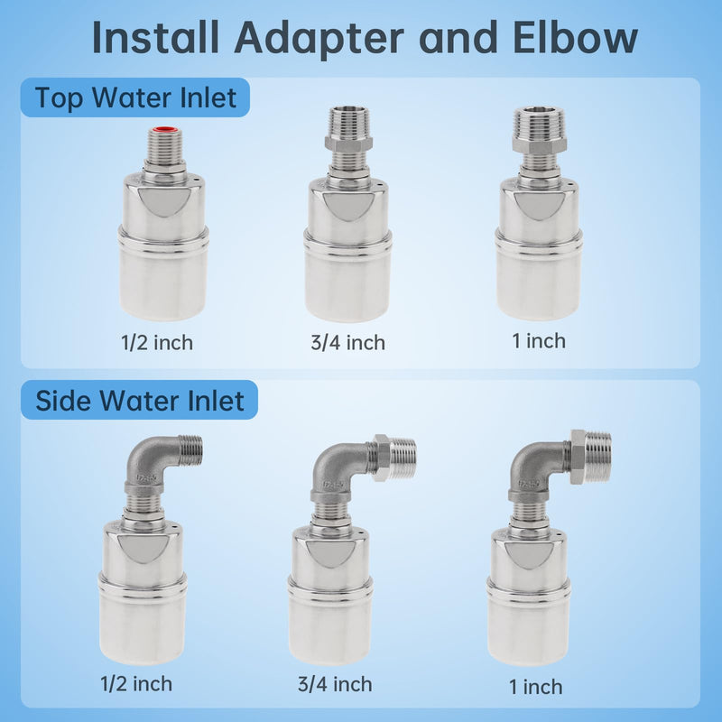 1/2 inch Float Valve, PNXKTXO Water Level Control Float Valve 1/2" to 3/4'' and 1/2'' to 1'' 304 Stainless Steel Fully Automatic Water Level Control Shut Off Valves Hose Connector Style 3