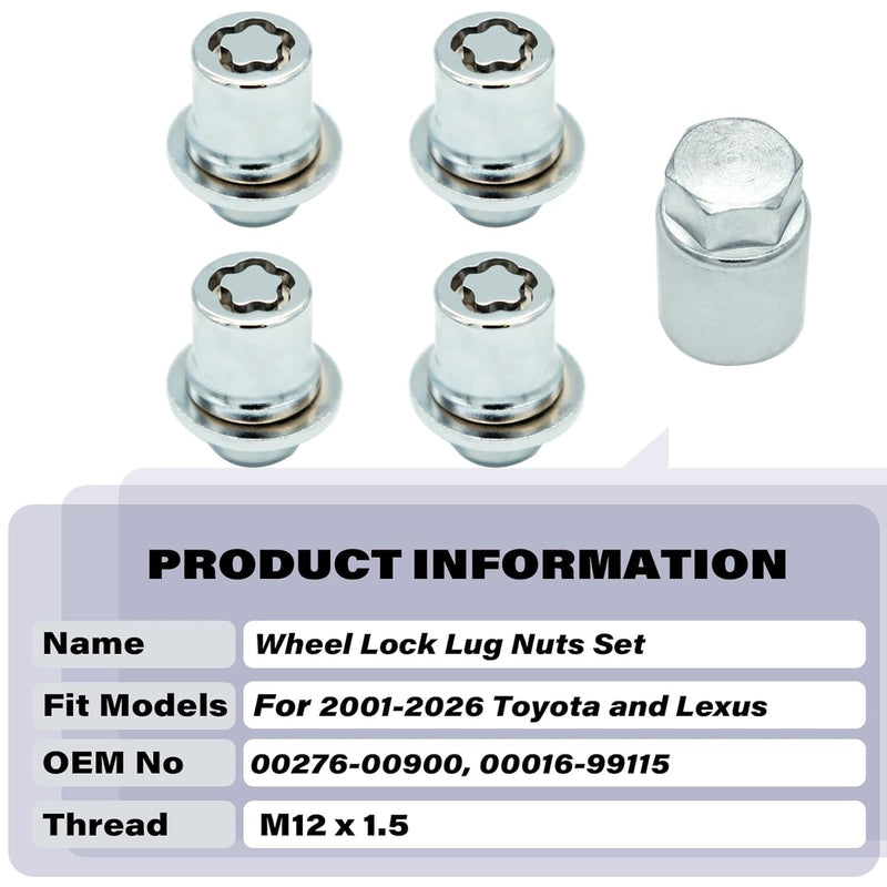 00276-00900 Wheel Lock Lug Nuts Set M12 x 1.5, Compatible with 2001-2026 Toyota Avalon C-HR Camry Celica Corolla Highlander Matrix Mirai MR2 Prius RAV4 Sienna Solara Tacoma Venza Yaris & Lexus, Chrome Silver 00276-00900