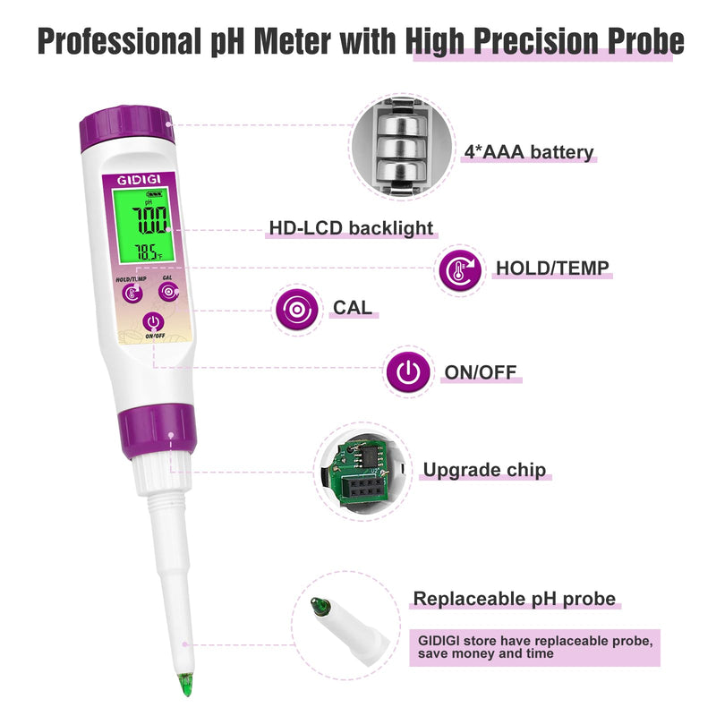 [Australia - AusPower] - pH Meter Food Digital Electronic pH Tester for Fermentation 3 * 50ml pH Buffer Calibration Solution Kits Hot Sauce Food Tester Probe for Cheese Sourdough pH Temperature pH Test Strips for Acidity 