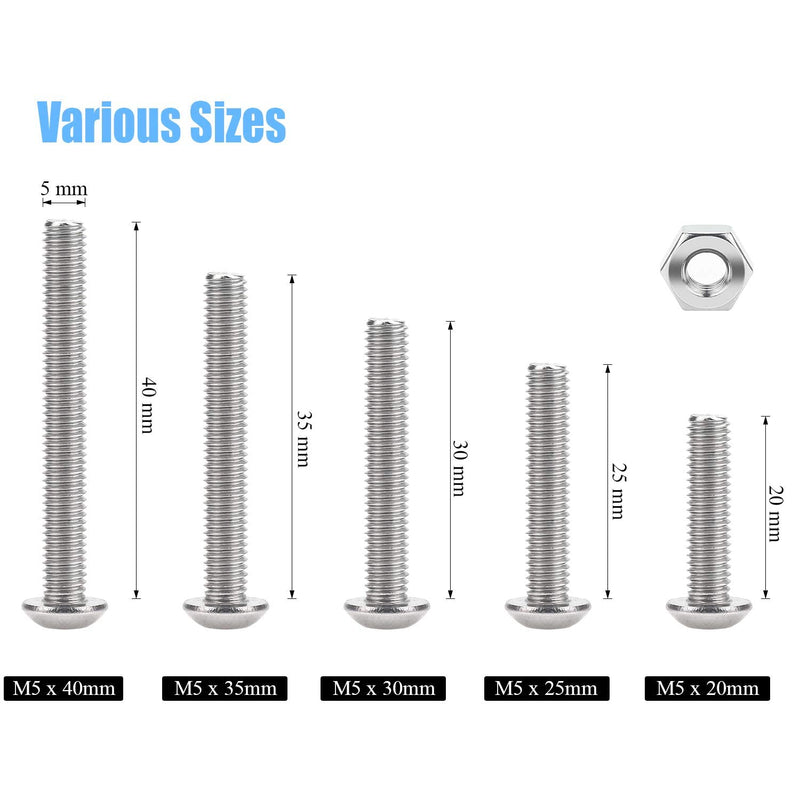 [Australia - AusPower] - DYWISHKEY 100 Pieces M5 x 20mm/25mm/30mm/35mm/40mm Stainless Steel 304 Hex Button Head Cap Bolts and Nuts Kit 