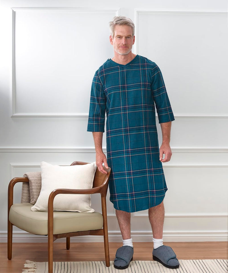 Silverts Men's Adaptive Open Back Flannel Gown, Assisted Dressing Nightgown | For elderly, nursing home & recovery wear, snap shoulders, warm cotton flannel Small Plaid Shirting