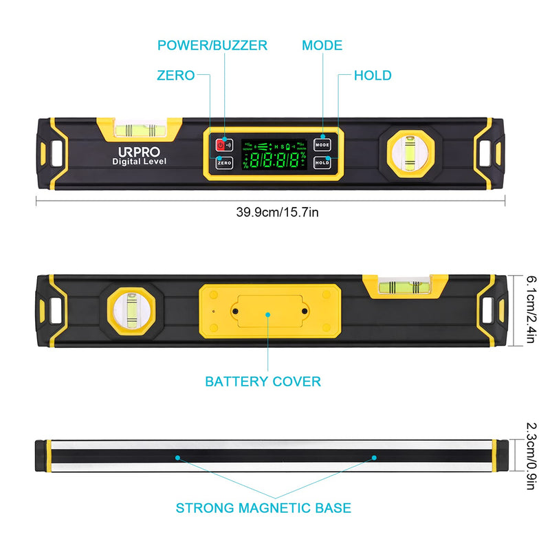 [Australia - AusPower] - 15.7-Inch Digital Torpedo Level and Protractor Neodymium Inclinometer V-Groove Magnets Bright LCD Display smart level IP54 Dust/Water Resistant Black 