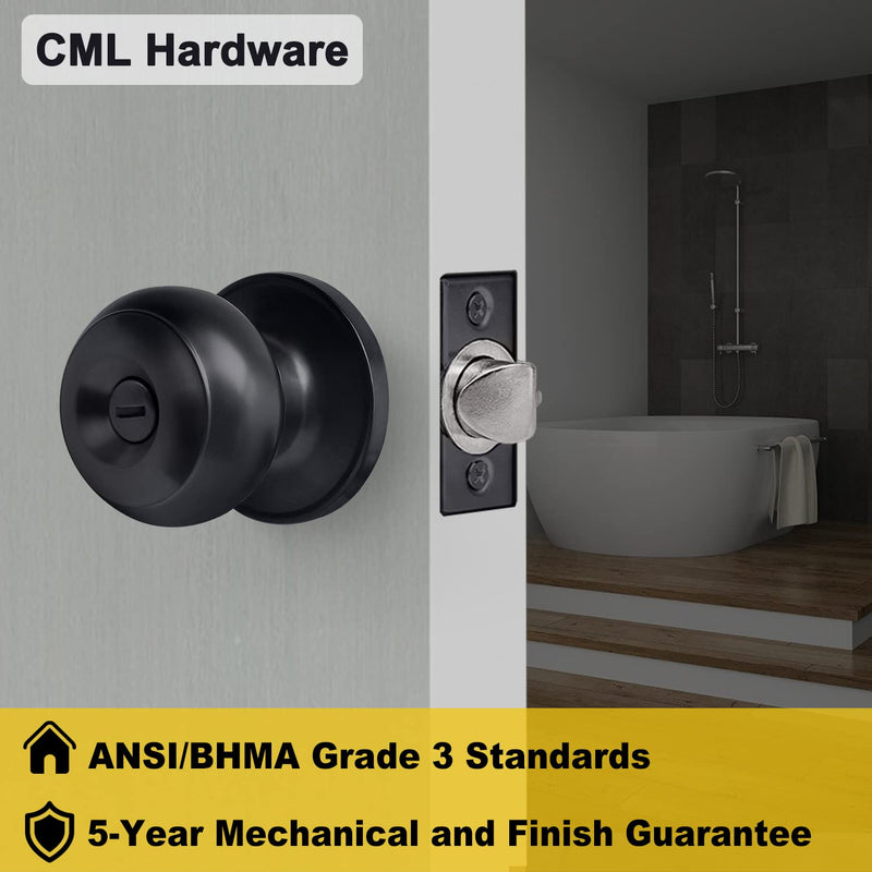 CML Hardware (2 Pack) Privacy Door Knob for Bedroom and Bathroom, Stainless Steel Keyless Door Locks for Bed/Bath, Round Ball Handle, Matte Black 2 Pack