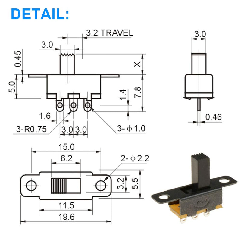 [Australia - AusPower] - 20PCS Vertical Slide Switches 1P2T SPDT 3 Pin 2 Position DC50V SS12D10 High Knob Micro Slide Switch with 20PCS Mini Panel Slide Switch ON/Off SS12F15 3Pin Latching Toggle Switch SS12D10+SS12F15 