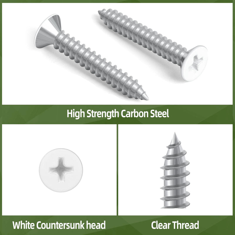 [Australia - AusPower] - 100 PCS #6 x 1 White Head Sheet Metal Screws, Flat Head Phillips Fast Self Tapping Screws, Carbon Steel Countersunk Head Wood Screws, Screwdriver Bit Included #6 x 1" 