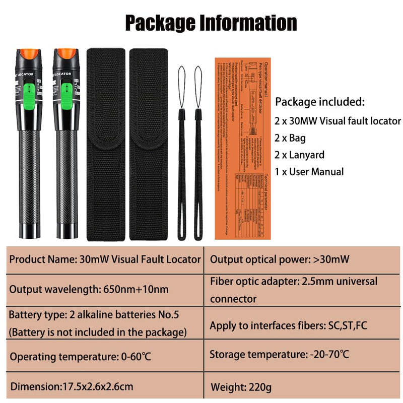 [Australia - AusPower] - LIAYTRSS 2pcs Fiber Optic Test Pen 30mW 30km FTTH Fiber Optic Tester Visual Fault Finder with 2.5mm Standard Interface for SC/FC/ST Fiber Interface 