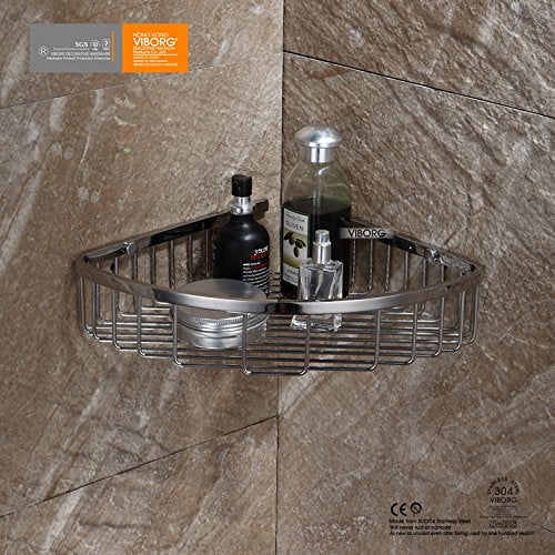 VIBORG Deluxe Solid Thick SUS304 Stainless Steel Wire Wall Mounted Single Tier Bathroom Corner Shower Basket Bath Caddy Shelf Organizer Storage Holder for Shampoo Conditioner. Polished mirror-like