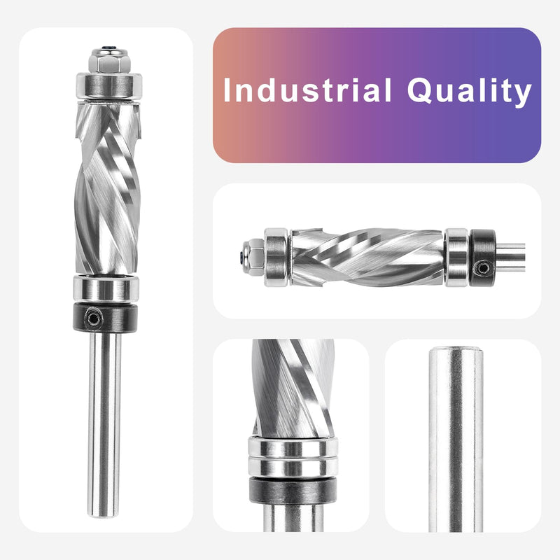 SpeTool Double Bearing Spiral Flush Trim Router Bit 1/4 Inch Shank 1/2 Inch Cutting Diameter, Extra Long Carbide Compression Flush Cut Pattern Bit with Top and Bottom Bearing for Woodworking Uncoated 1/2" Dia-1-1/4" CL-1/4" Shank