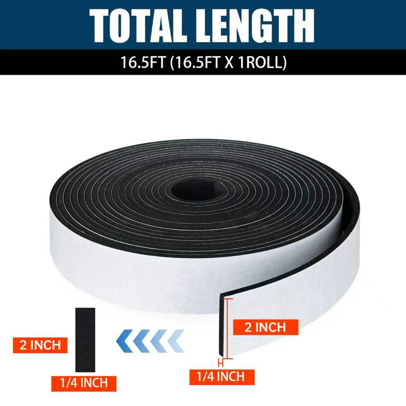 Single Sided Foam Tape Heavy Duty Waterproof, 2 Inch Wide x 1/4 Inch Thick EVA Foam Insulation Tape, Black Weather Stripping for Doors and AC Windows Seal, Soundproof 16.5ft
