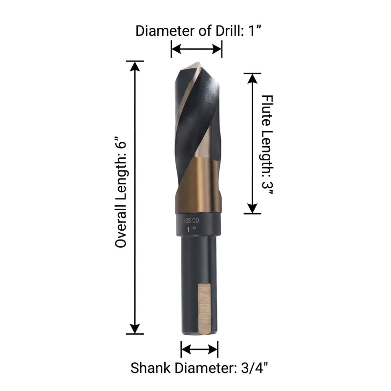 Accusize Industrial Tools 1'' ANSI M35(H.S.S. + 5% Cobalt) S and D Drill, 1/2'' Shank, 135 Degree Split Point, 0412-0001 | 1" ANSI M35(HSS + 5% Cobalt) S and D Drill, 1/2" Shank, Reduced Shank, 135-Degree Split Point, 1 in