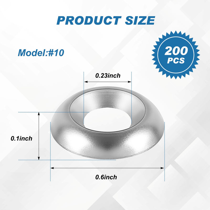 [Australia - AusPower] - 200 Qty #10 Countersunk Finish Washers Stainless Finishing Washers 304 Stainless Steel Washers Finishing Cup, Silver 200 