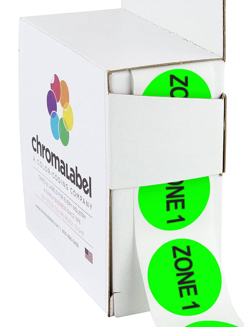 ChromaLabel 1 Inch Round Labels, 500 Labels per Dispenser Box, High Visibility for Warehouse Inventory, Fluorescent Green, Imprinted: Zone 1 1"