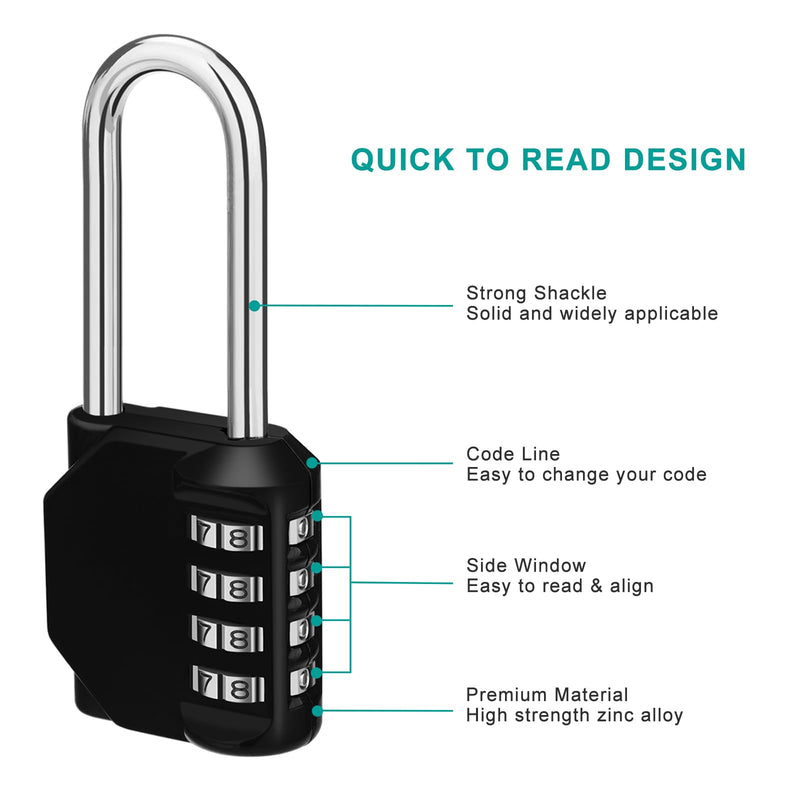 [Australia - AusPower] - ZHEGE Long Shackle Padlock, 4 Digit Combination Lock, Resettable Weatherproof Combo Lock for School, Gym Employee Locker, Outdoor, Fence (Black) 1P, Black 