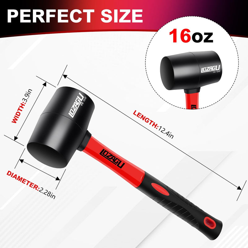 [Australia - AusPower] - 16oz Rubber Mallet Hammer, Fiberglass Handle, Rubber Mallet for Flooring, Tent Stakes, Woodworking, Camping, Soft Blow Tasks without Damage Rubber Mallet Hammer (16oz) 