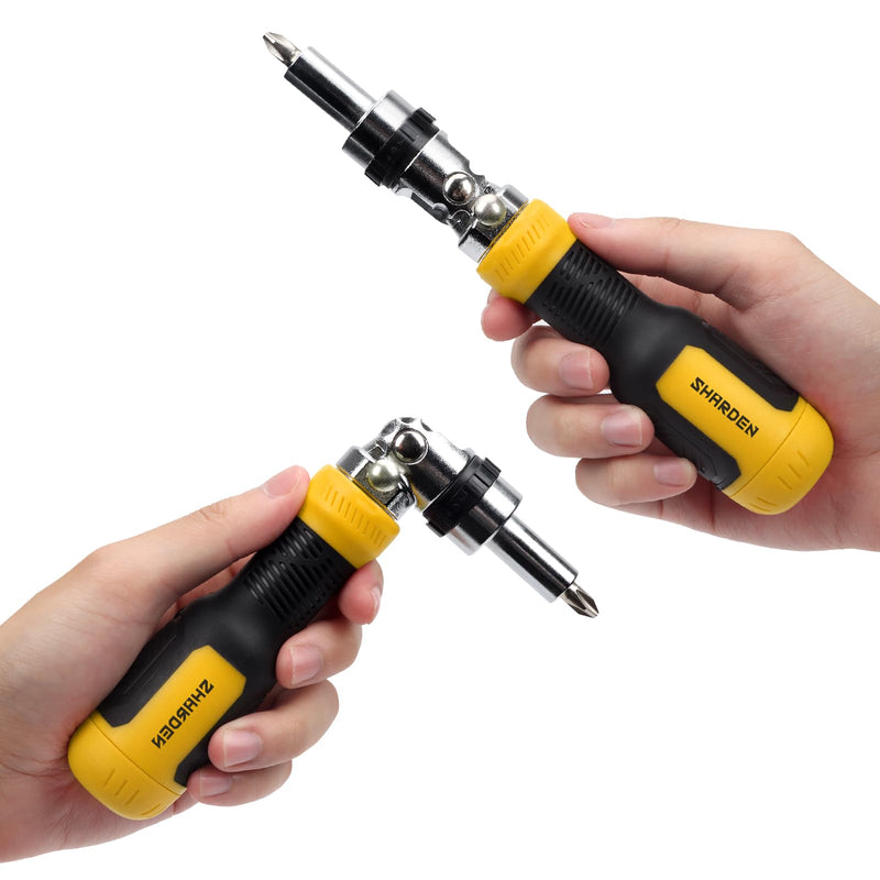 SHARDEN Ratcheting Screwdriver Multi Bit Screw Driver 13-in-1 Tool Ratchet Screwdriver Set Flat Head/Square/Torx/Hex/Phillips Screwdriver, 180 Degree Pivoting Adjustable Angle Magnetic Screwdriver Yellow