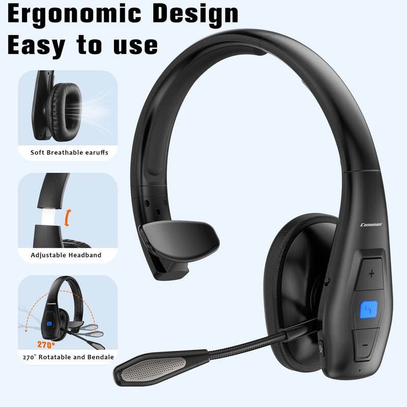 [Australia - AusPower] - Conambo Noise Cancelling Bluetooth Headset V5.1, 35Hrs HD Talktime CVC8.0 Dual Mic Hands-Free Wireless Headset, Bluetooth Headphones with Mute Button for Cell Phones Business Home Office Trucker 