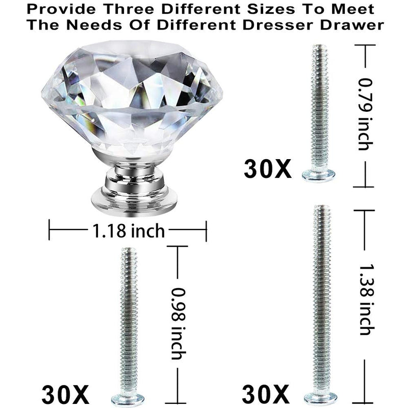 NORTHERN BROTHERS 30 Pack 30mm Crystal Cabinet Knobs, Diamond Glass Drawer Knobs with 3 Screw Sizes, for Dresser, Kitchen & Bathroom, Silver 30 Pack (30mm)