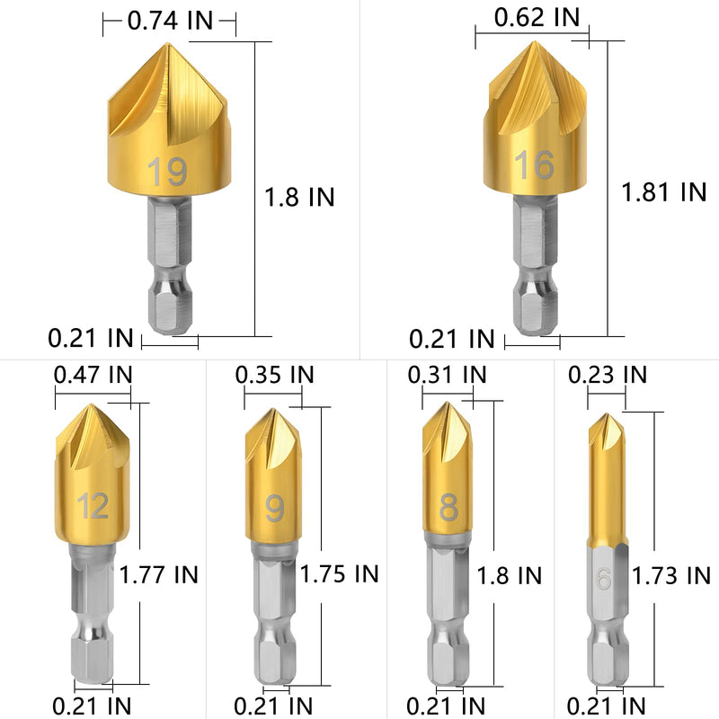 23pcs Woodworking Chamfer Drilling Tool, 8pcs Wood Plug Cutter Drill, 7pcs Three Pointed Countersink Drill Bit with L-Wrench, 6pcs 1/4" Hex 5 Flute 90 Degree Countersink Drill Bits
