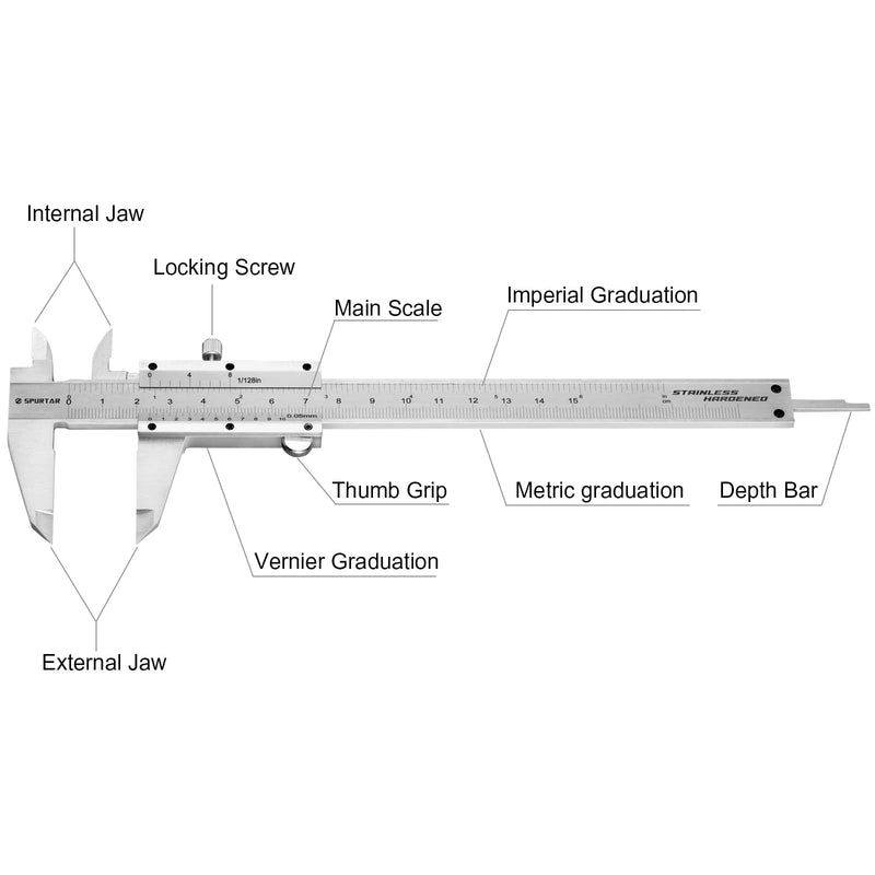 [Australia - AusPower] - Spurtar Vernier Calliper 150 mm Analogue 1/20 Vernier Reading: 0.05 mm Precision Stainless Steel Vernier Caliper Analogue with Locking Screw, Thread Table incl. Case 