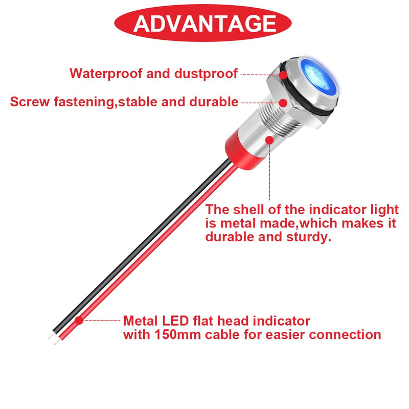 Pack of 5 Waterproof 8 mm LED Indicator Light Metal with 12-24 V DC in Red/Yellow/Blue/Green/White and 150 mm Cable Length Metal LED Indicator Light and Cable Cap for Trucks Boats