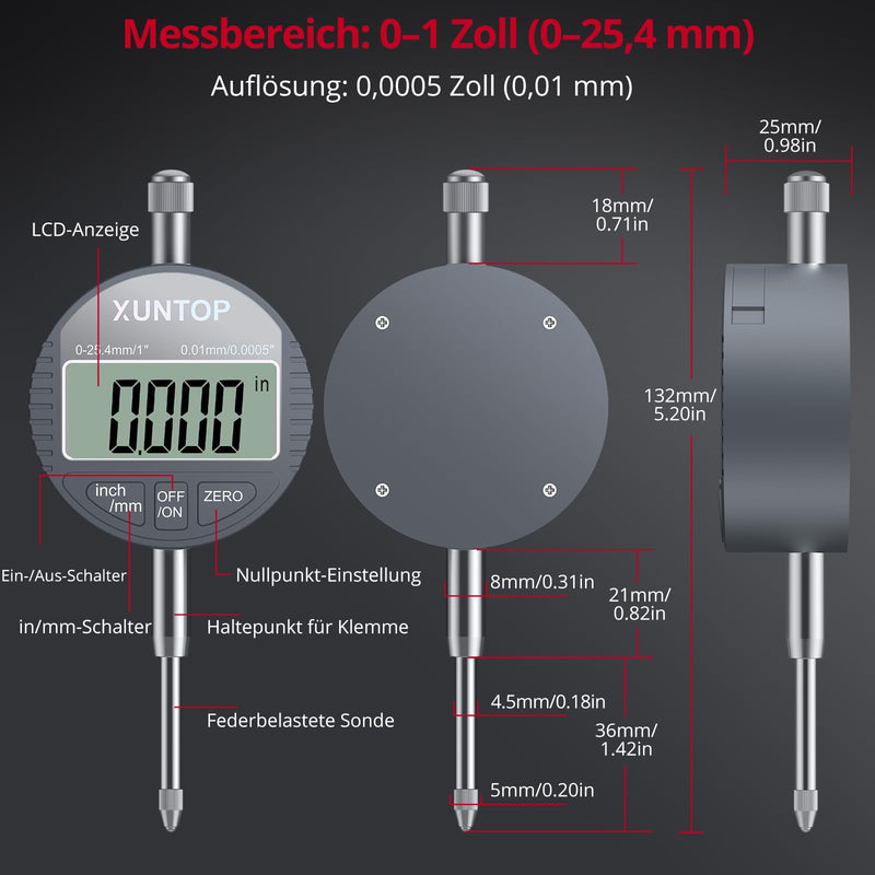 XUNTOP Magnetic Base Digital Dial Gauge Micrometer with Universal Magnetic Base 0~25.4 mm LCD Display Imperial/Metric for Laboratory Workshop