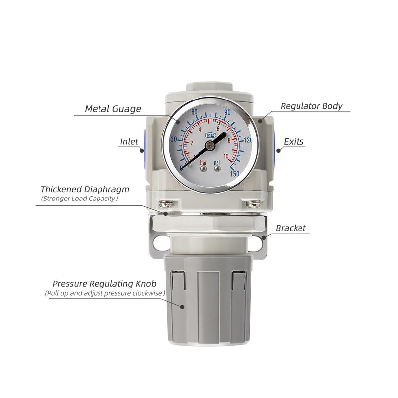 Compressed Air Regulator 1/2" NPT 0-150 PSI Fine Adjustment, Gauge Included, Ideal for Spray Painting, CNC, & Automotive Air Tools 1/2"NPT/AR4000-04
