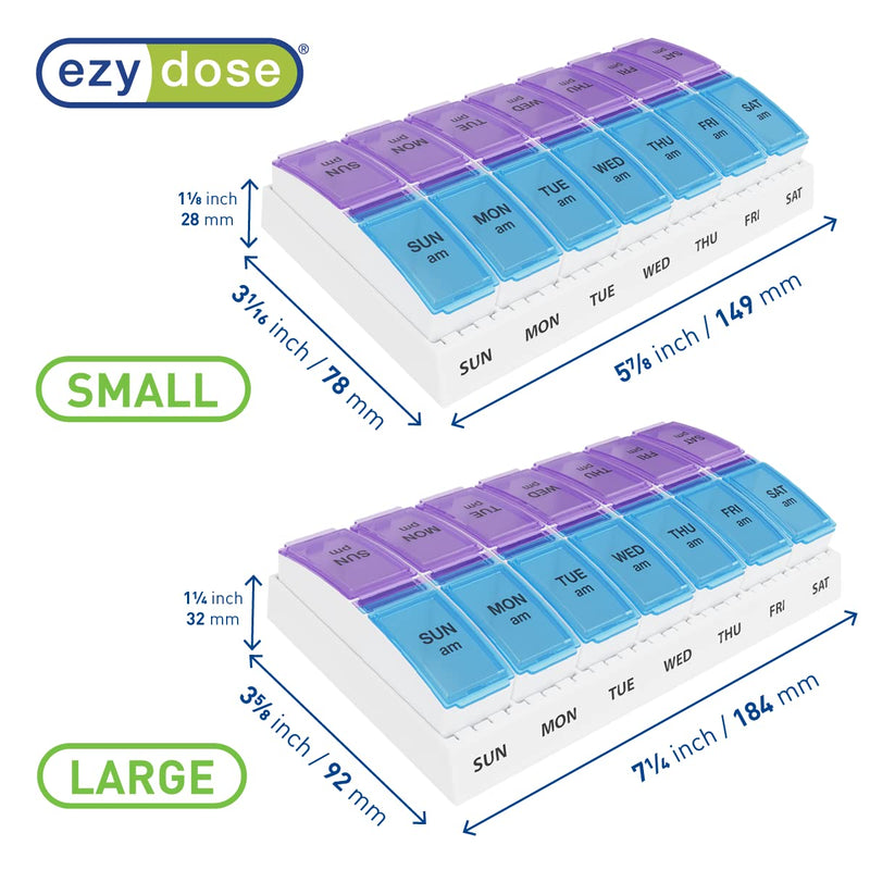 [Australia - AusPower] - EZY DOSE Weekly (7-Day) AM/PM Pill Case, Medicine Planner, Vitamin Organizer Box, Small Pop-out Compartments, 2 Times a Day, Blue and Purple Lids, BPA Free 1 Count (Pack of 1) 