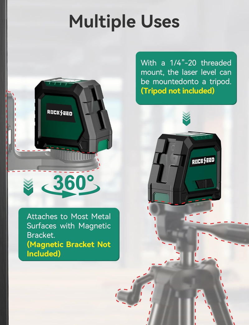 [Australia - AusPower] - RockSeed Dual Modules Line Laser, Self Leveling Laser Level, Horizontal and 150° Vertical Green Beam, 2 AA Batteries, Carrying Bag, for Home Decoration/DIY/Construction Site LV02G 