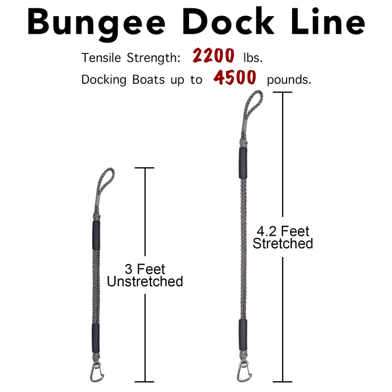 3 Feet Bungee Dock Line Boat Ropes for Docking Line Mooring Rope with Stainless Steel Clip Accessories for Boats 2pcs (Grey, 3Feet) 3 Feet Grey