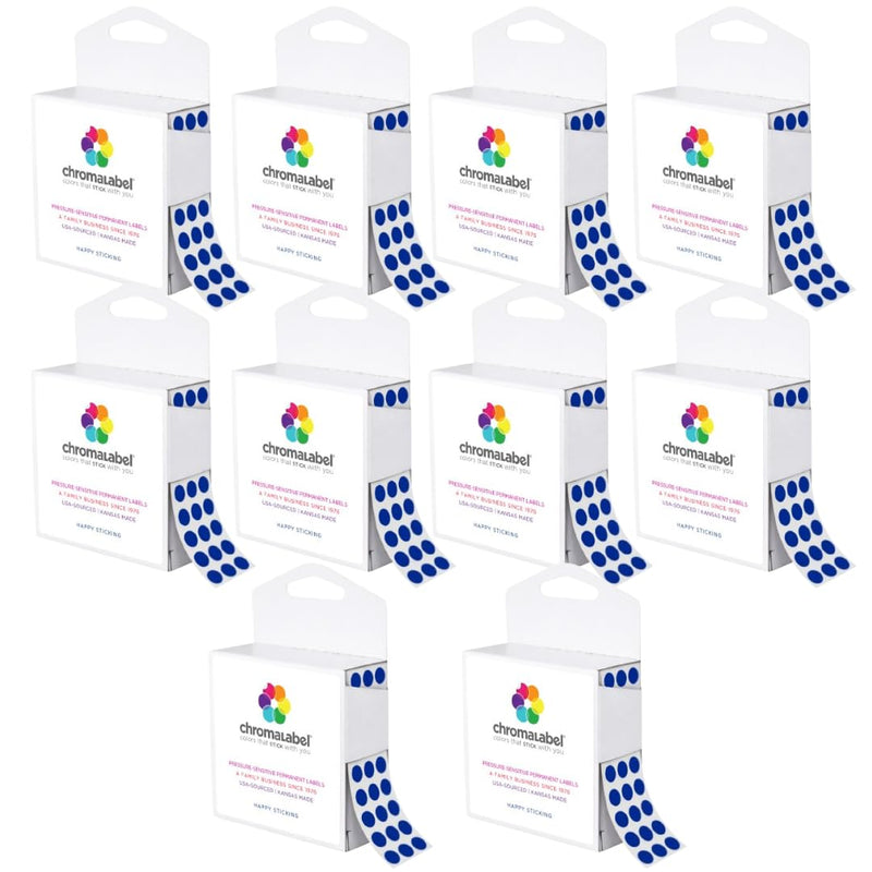 ChromaLabel 1/4 Inch Round Colored Stickers, Permanent Sticky Dots Color Coding Labels, 1000 Sticker Labels with Handy Dispenser, Dark Blue Sticker Dots - Case of 10