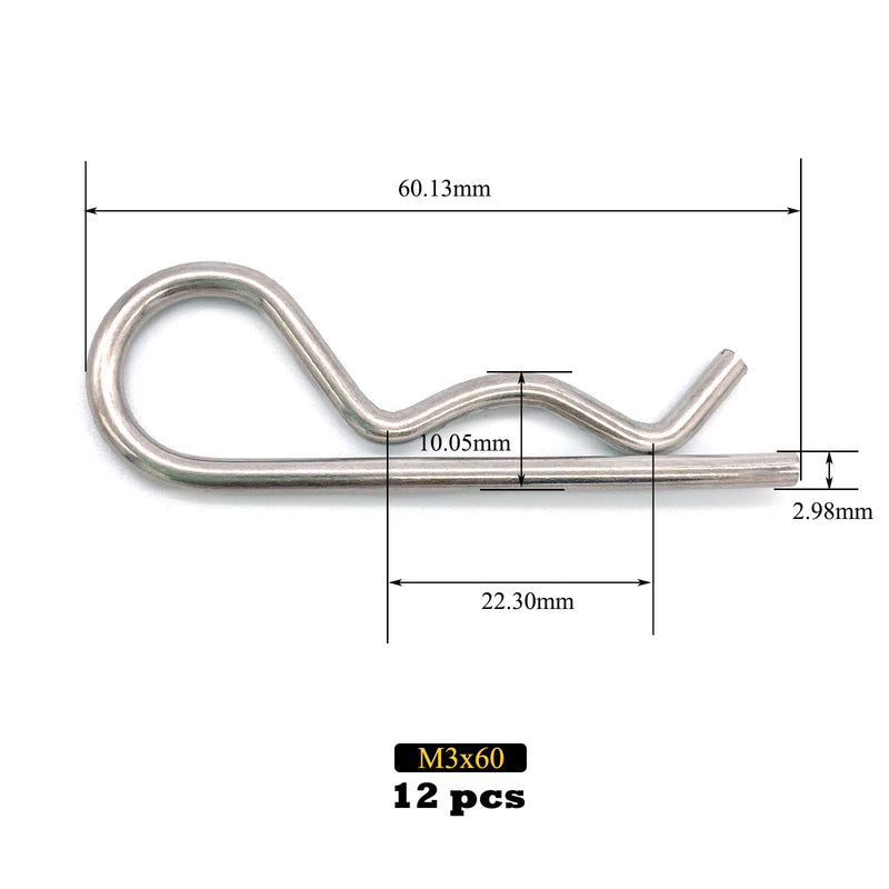 [Australia - AusPower] - 12 Pcs Heavy Duty Stainless Steel Cotter Pin R Clip Large Spring Retaining Wire Hair Pins Hitch Pin Clips Large Carter Pins for Trailer Pin Clips Lock System M3x60 Keeper Pins SUS304 M3x60mm-12pcs 12 
