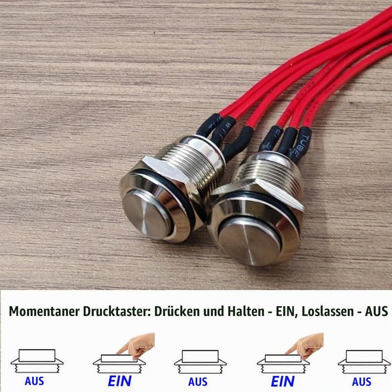 Formed 2 Pieces Prewired 12mm Waterproof Momentary Metal Push Button 3 Pin NO/NC Push Button ON/OFF 1A 12V/24V/125V/250V AC (High Head) 12 mm - Momentary - NO/NC - With Cable - High Head
