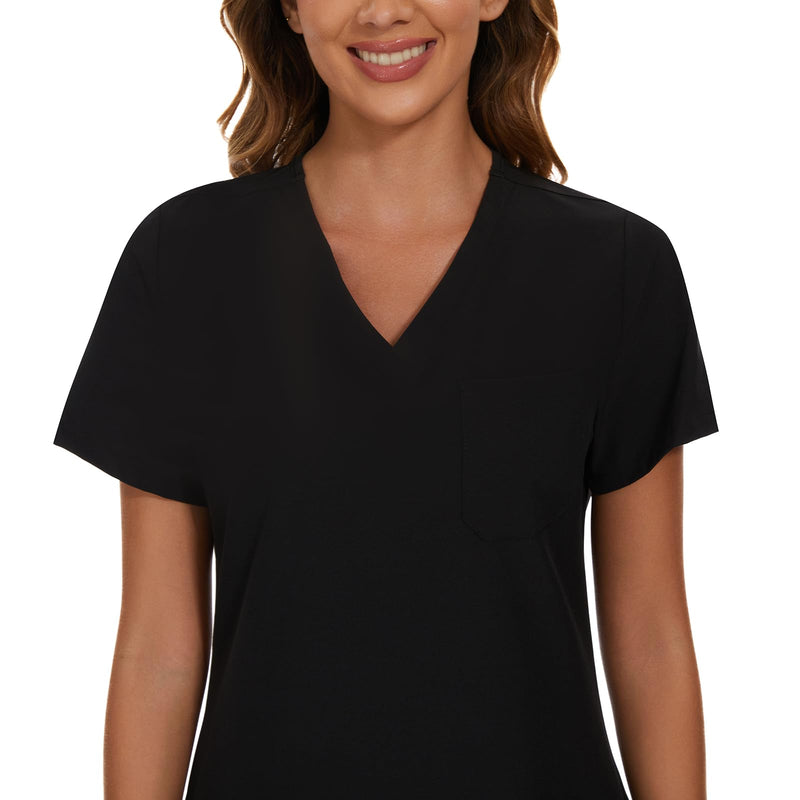 [Australia - AusPower] - Scrub Tops for Woman - Soft Stretch, V-Neck Top Scrubs with 3 Pockets, Easy Care for Women Black Medium 