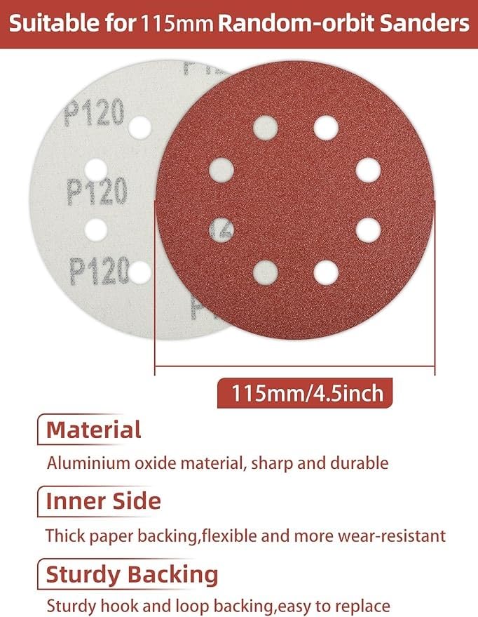 [Australia - AusPower] - 115 mm Sandpaper 40/80/120/240 Grit, Pack of 80 Sanding Discs 115 mm Velcro Sanding Sheets for Random Orbital Sanders (8 Holes) 