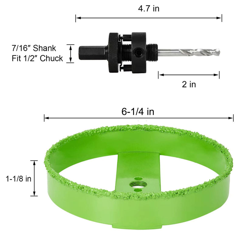 6-1/4 Inch Carbide Hole Saw with Arbor for 6” Recessed Lights, 6.25 Hole Saw Cutting Plaster Drywall Ceiling Sheetrock, 2X Faster, Green 6-1/4 in.