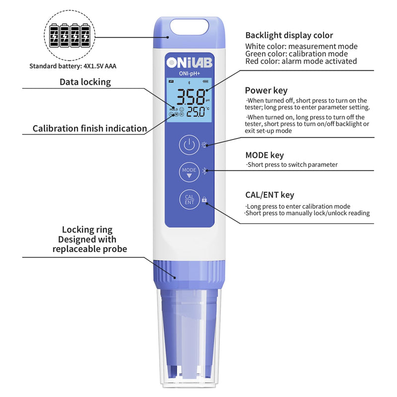 [Australia - AusPower] - ONiLAB Digital pH Meter,0.01pH High Accuracy Pen Type pH Tester Kit,Waterproof, Auto Temperature Compensation, Easy Calibration,Replaceable Probe 