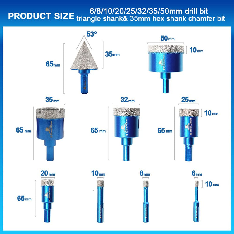 Diamond Core Drill Bit Set - 9pcs Hole Saw Kit for Porcelain Tile, Ceramic, Marble, Granite Drilling, 6/8/10/20/25/32/35/50mm Bits & 1 3/8" Chamfer Bit